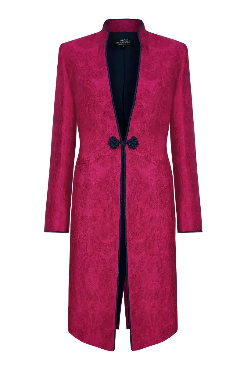Fuchsia Dress Coat in Winter Brocade with Cord Trim and Frogging - Vicky