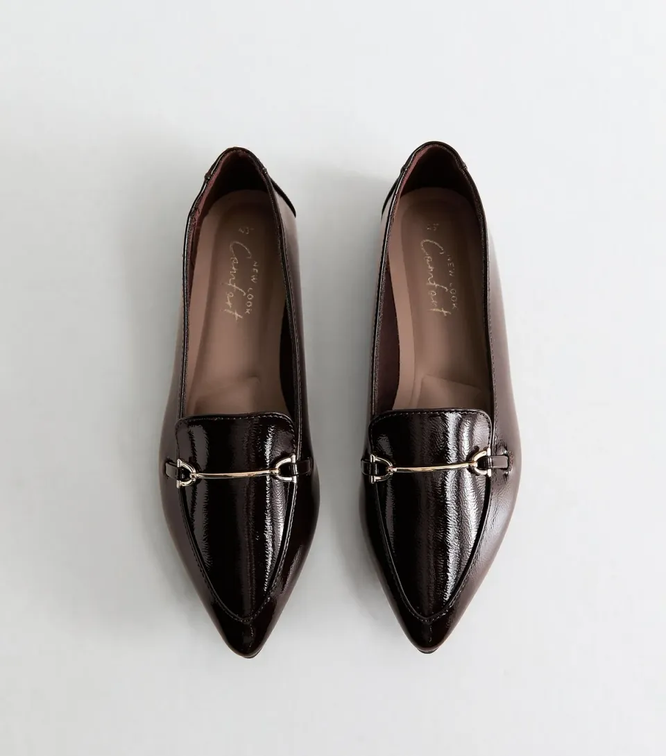 Women's Dark Burgundy Patent Faux Leather Pointed Loafers Vegan