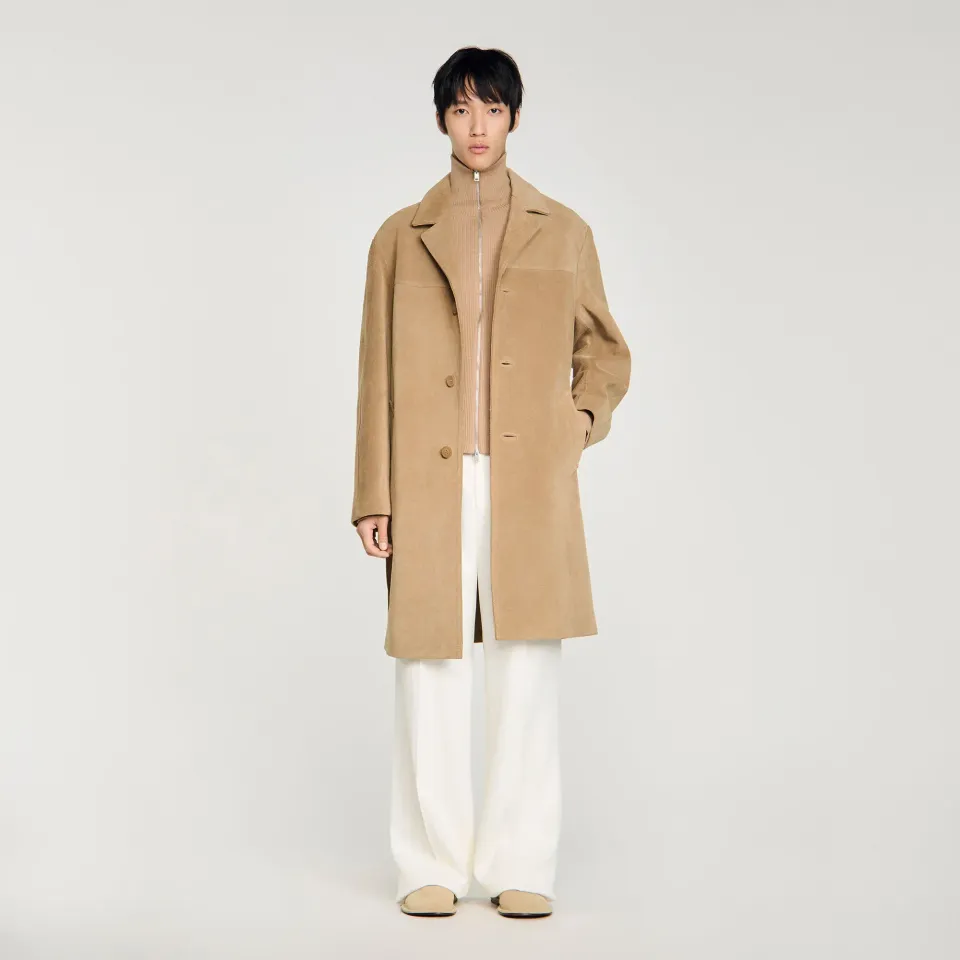 Long belted leather coat