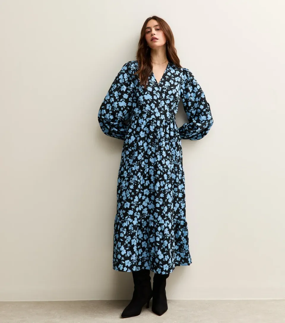 Women's Black Floral Print Long Sleeve Wrap Midi Dress