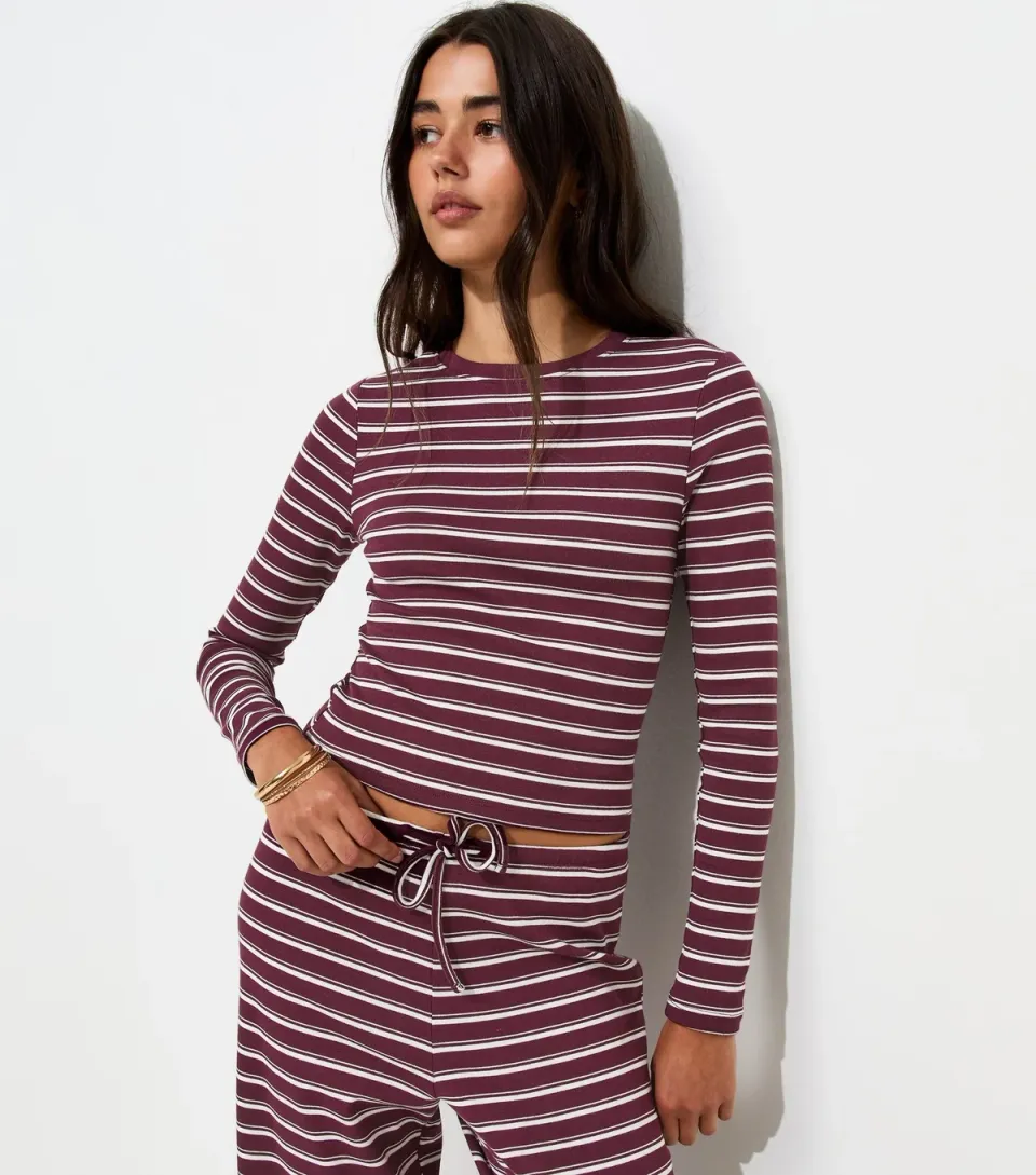 Women's Red Cotton Rich Striped Long Sleeve Baby Tee Top