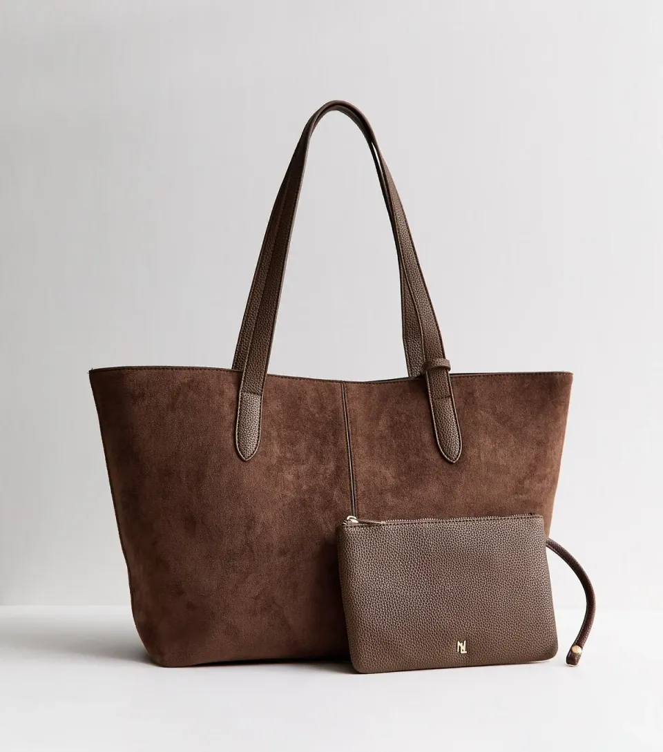 Dark Brown Faux Suede Winged Shopper Tote Bag Vegan