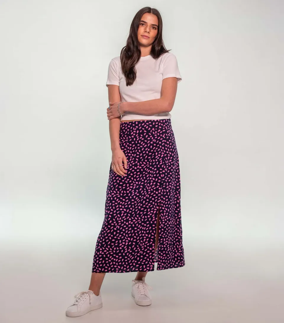 Women's Navy Abstract Spot Split Midi Skirt
