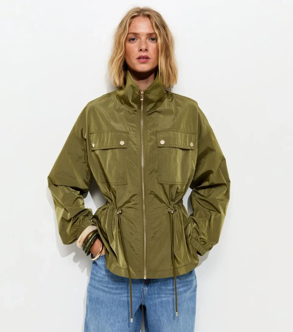Women's Khaki Zip Through Sinched Waist Utility Jacket
