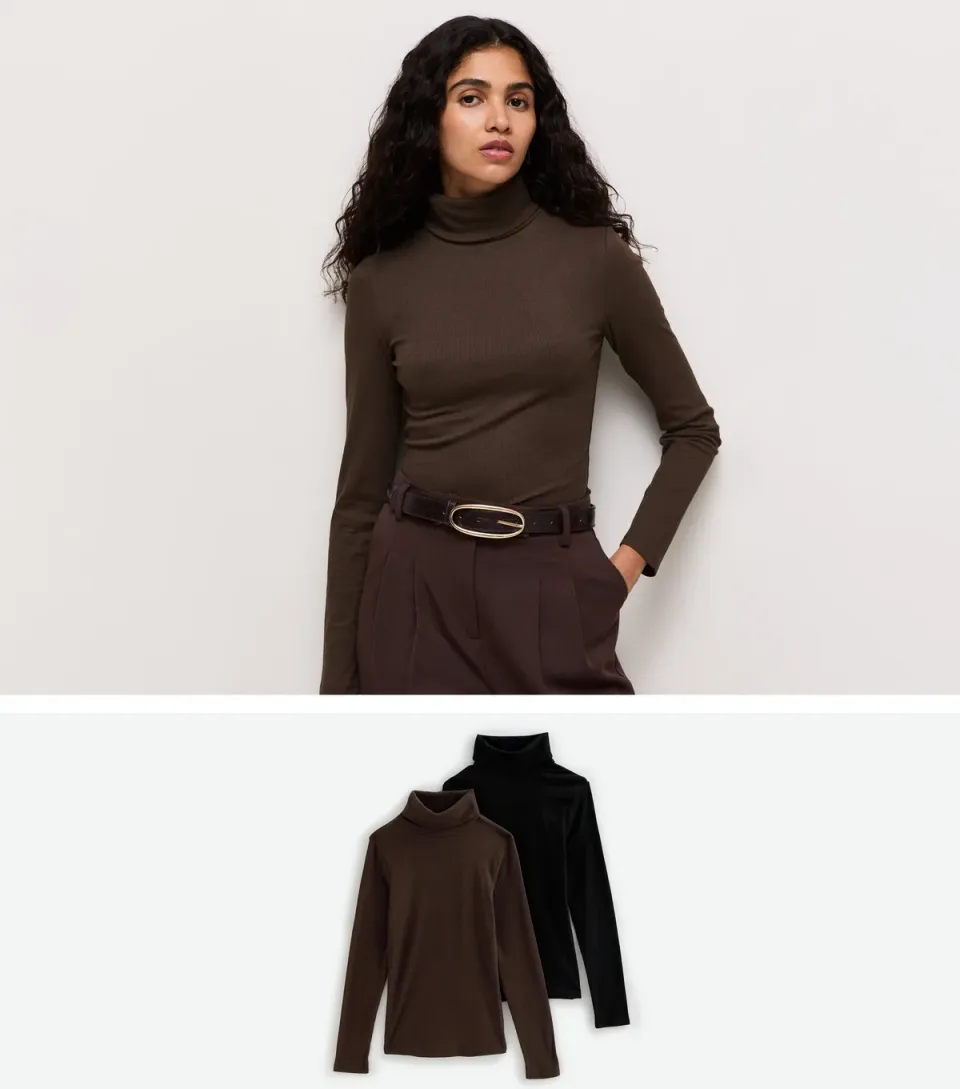 Women's Pack Of 2 Brown Cotton Rich Long Sleeve Ribbed Roll Neck Tops