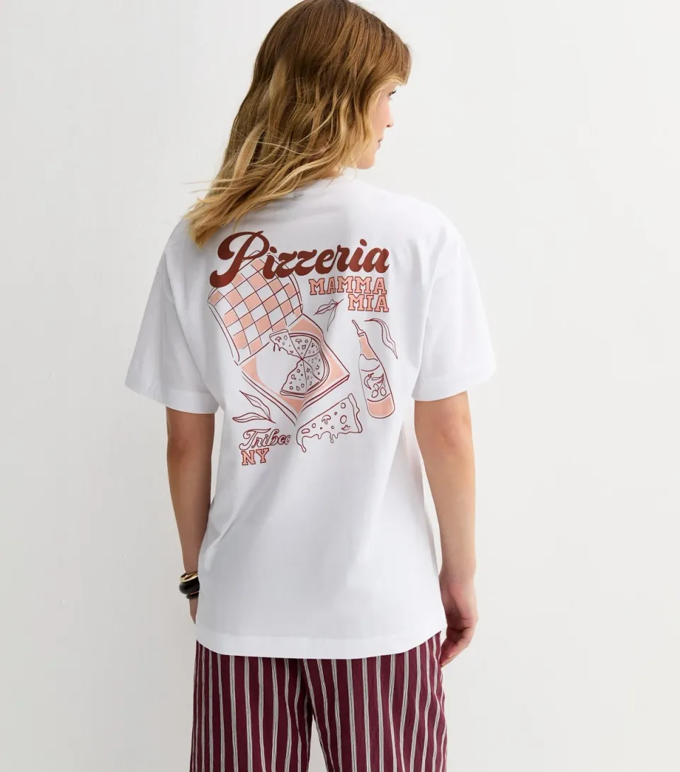Women's White Pizza Print Oversized T-Shirt