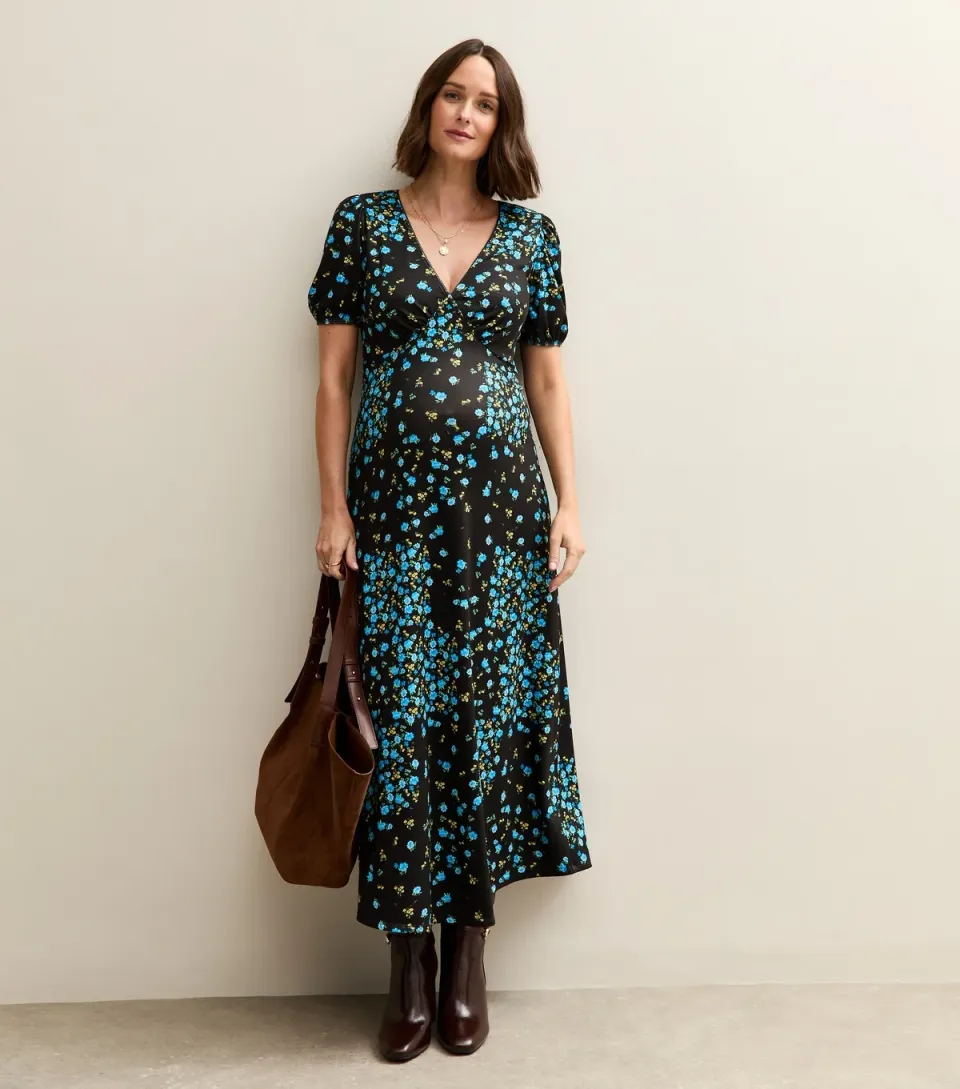Women's Maternity Black Floral Print V-Neck Midi Dress