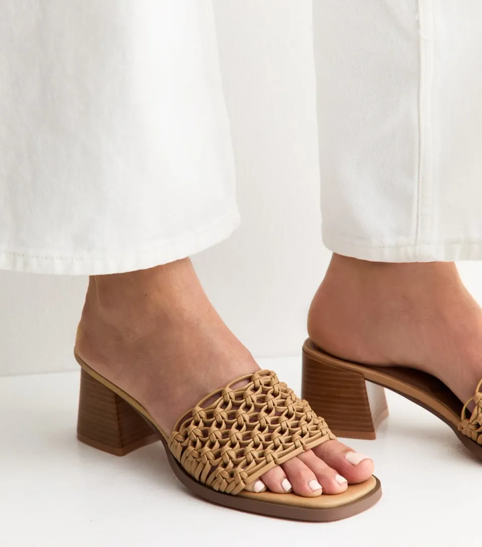 Women's Wide Fit Camel Woven Faux Leather Block Heels Sandals Vegan