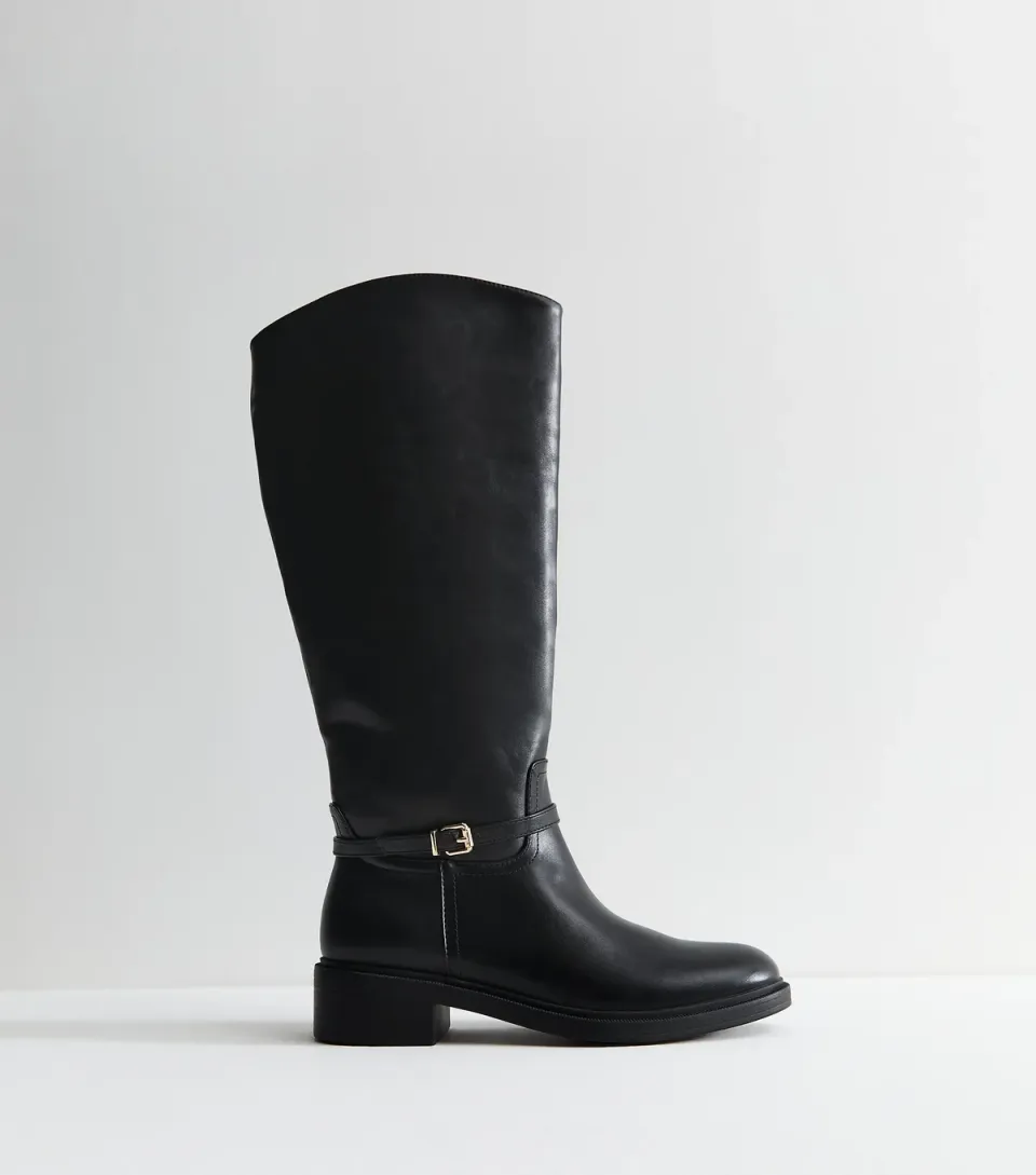 Women's Black Faux Leather Buckle Strap Riding Boots Vegan