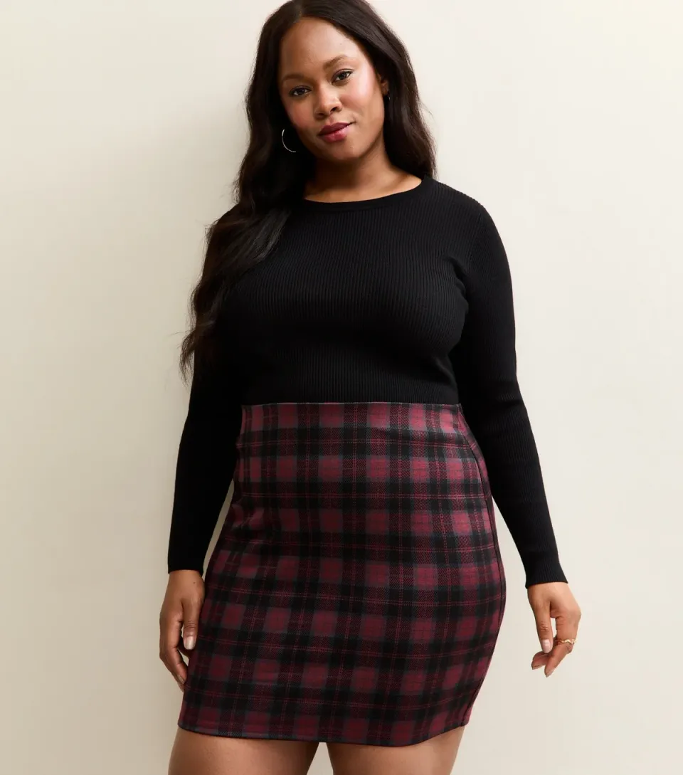 Women's Plus Size Red Jersey Check Tube Mini Skirt Curves