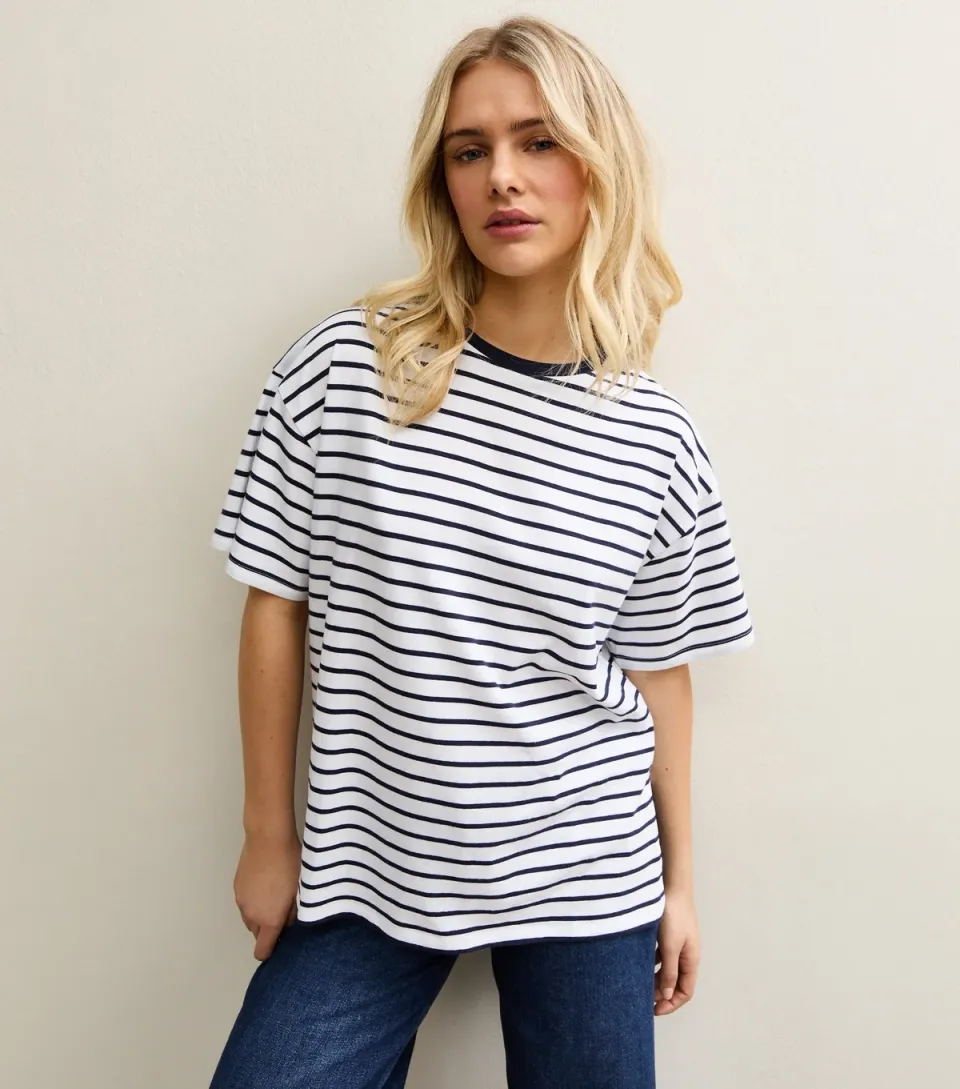 Women's Dark Blue Stripe Side Split T-Shirt