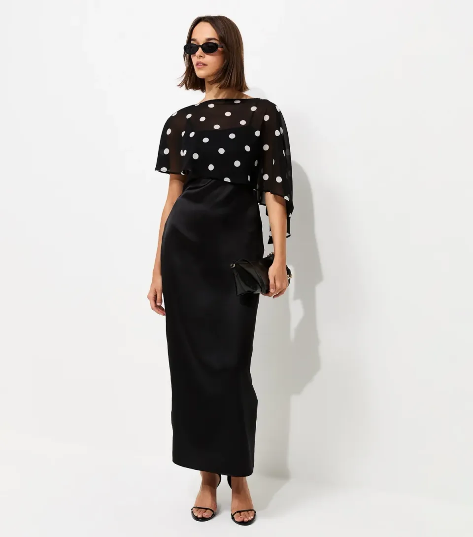 Women's Black Satin Spot Print Cape Midi Dress
