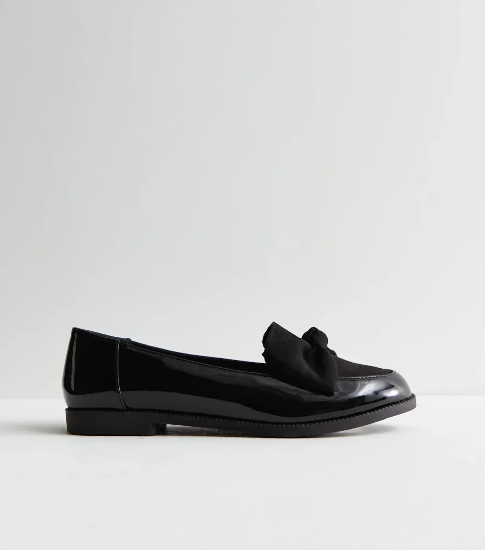 Women's Black Faux Patent Leather Bow Loafers Vegan