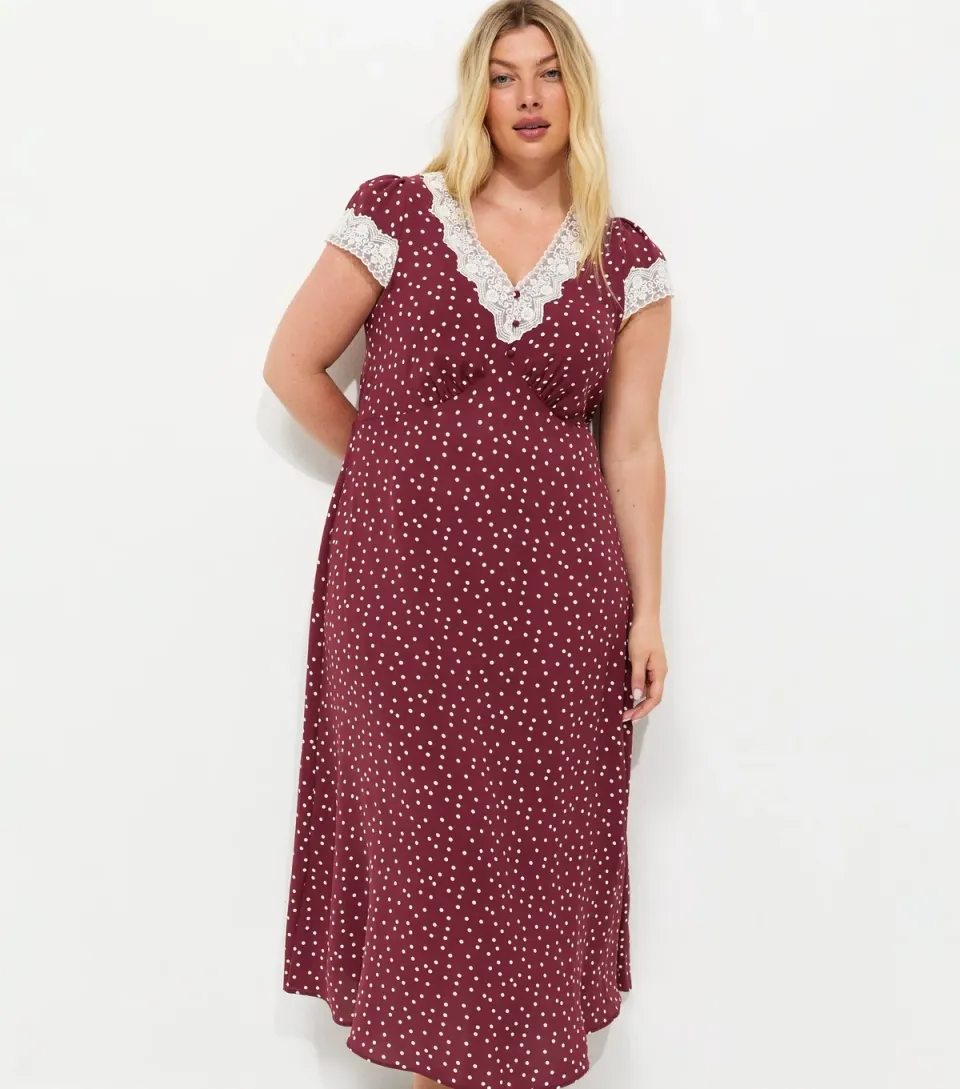 Women's Plus Size Red Spot Print Lace Trim Midi Dress Curves