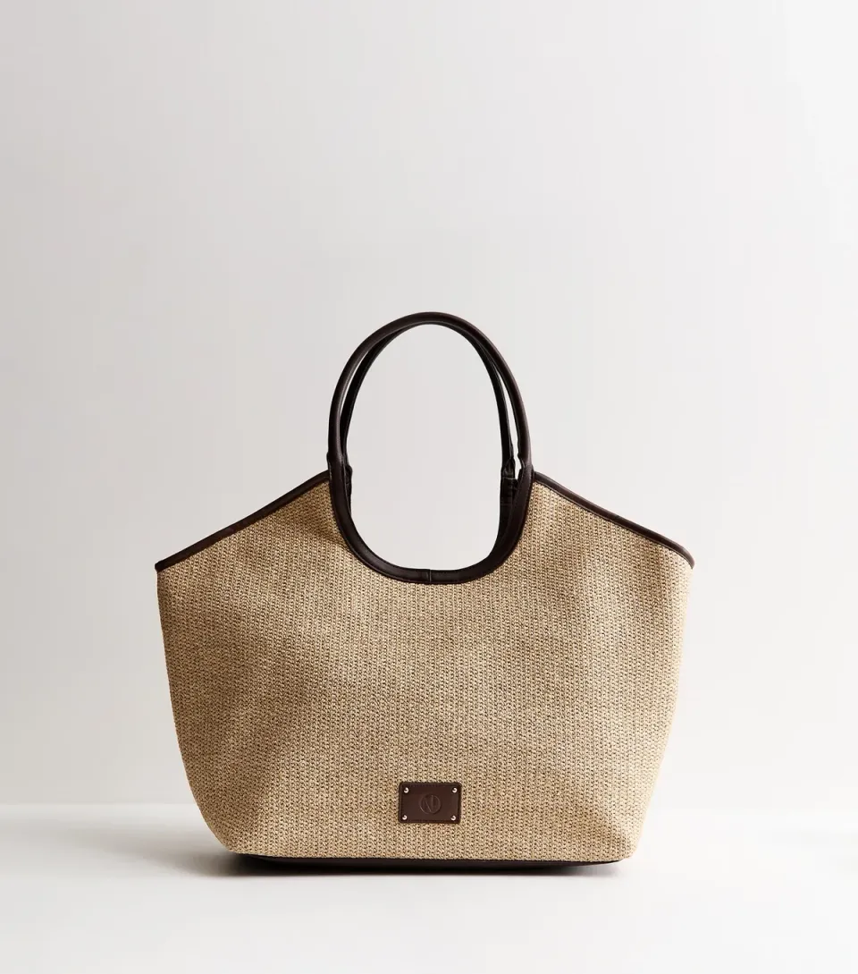 Stone Raffia Look Contrast Trim Tote Bag