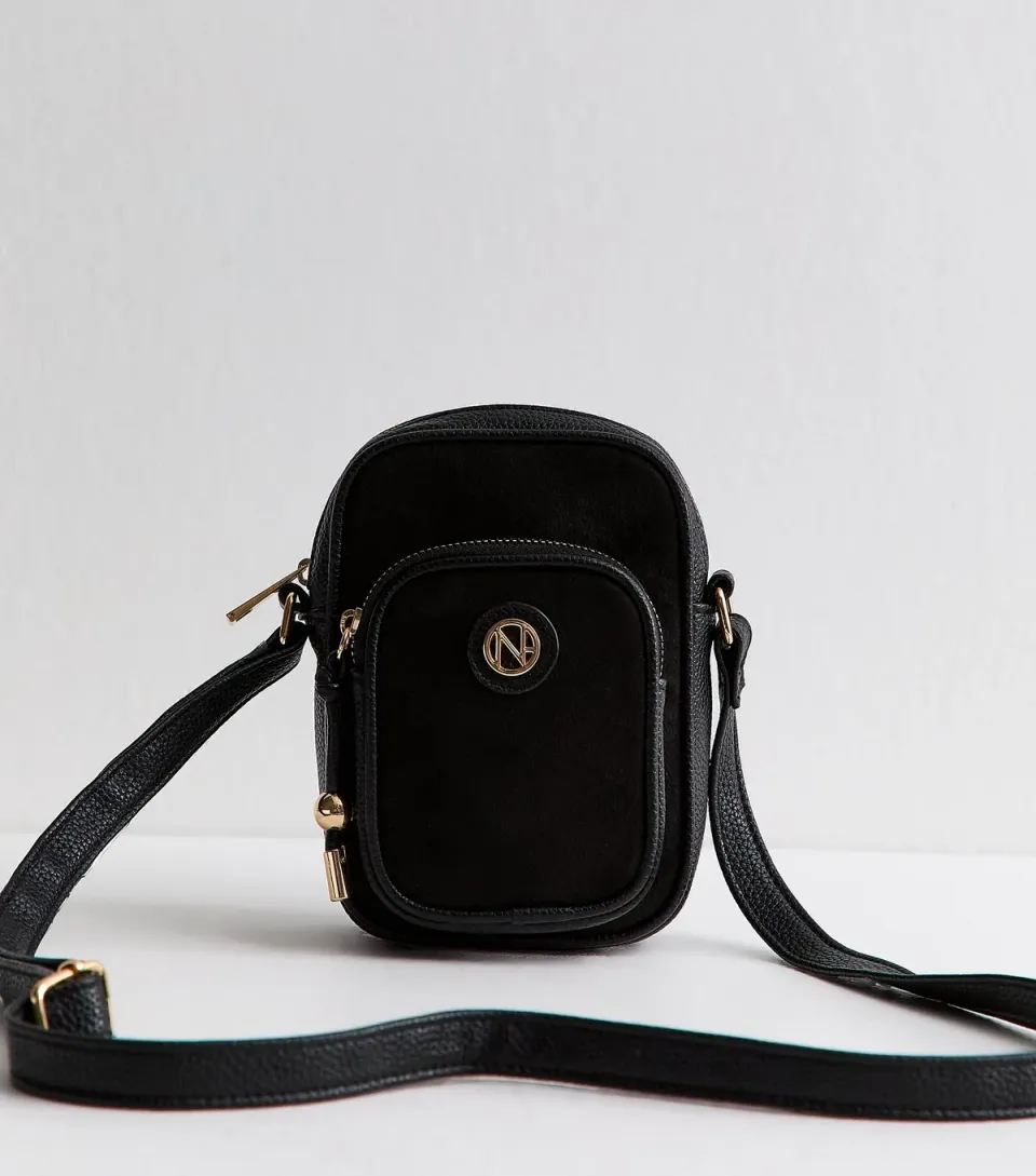 Black Faux Leather Logo Plaque Crossbody Phone Bag