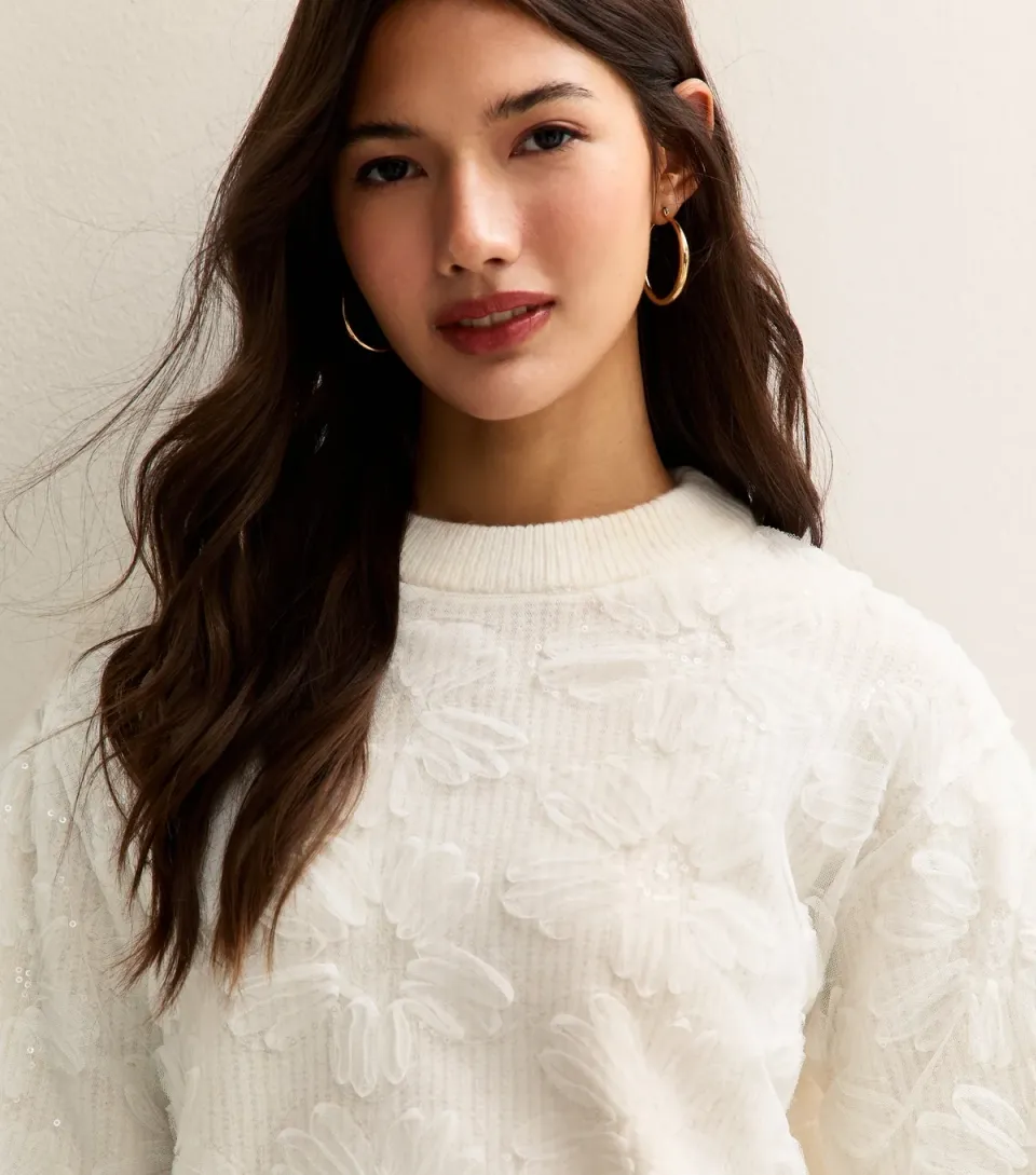 Women's Cream Sequin Flower Crew Neck Jumper