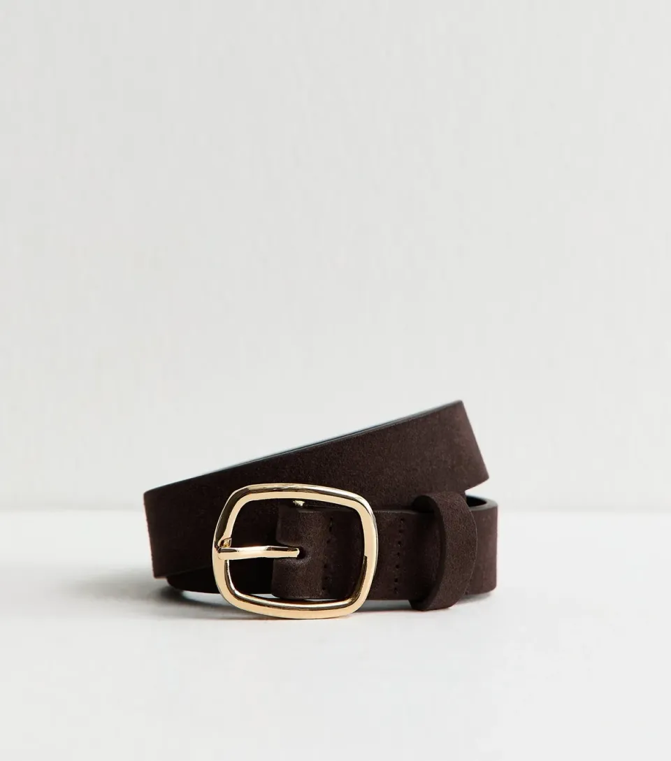Dark Brown Real Suede Rectangle Buckle Belt