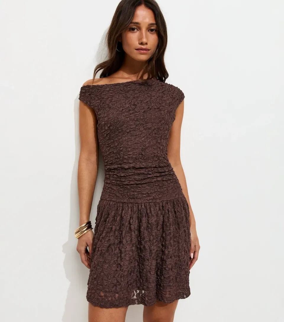 Women's Dark Brown Lace Off The Shoulder Rara Mini Dress