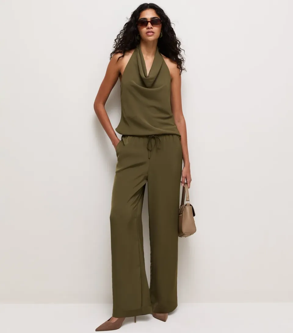 Women's Light Khaki Satin Wide Leg Trousers