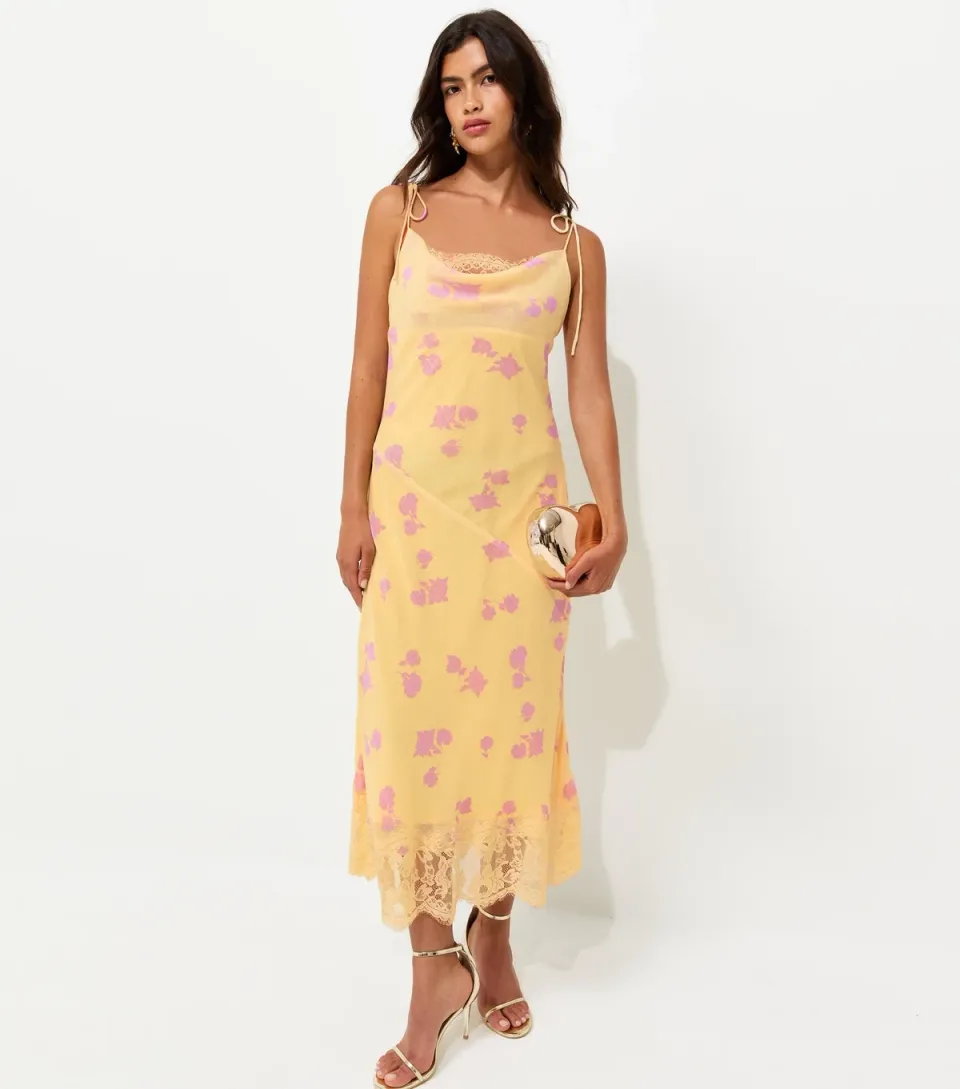 Women's Yellow Chiffon Floral Cowl Neck Strappy Midi Dress
