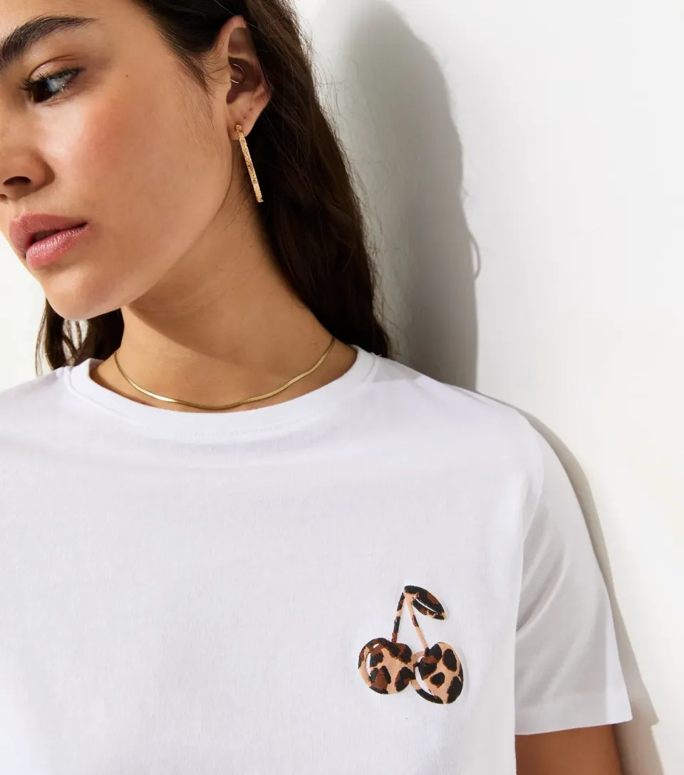 Women's White Cotton Leopard Print Cherry T-Shirt