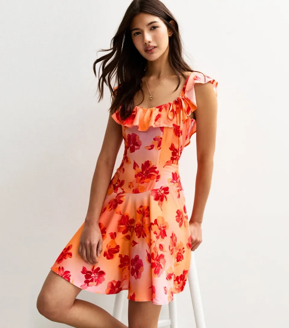 Women's Orange Floral Print Ruffle Trim Mini Dress