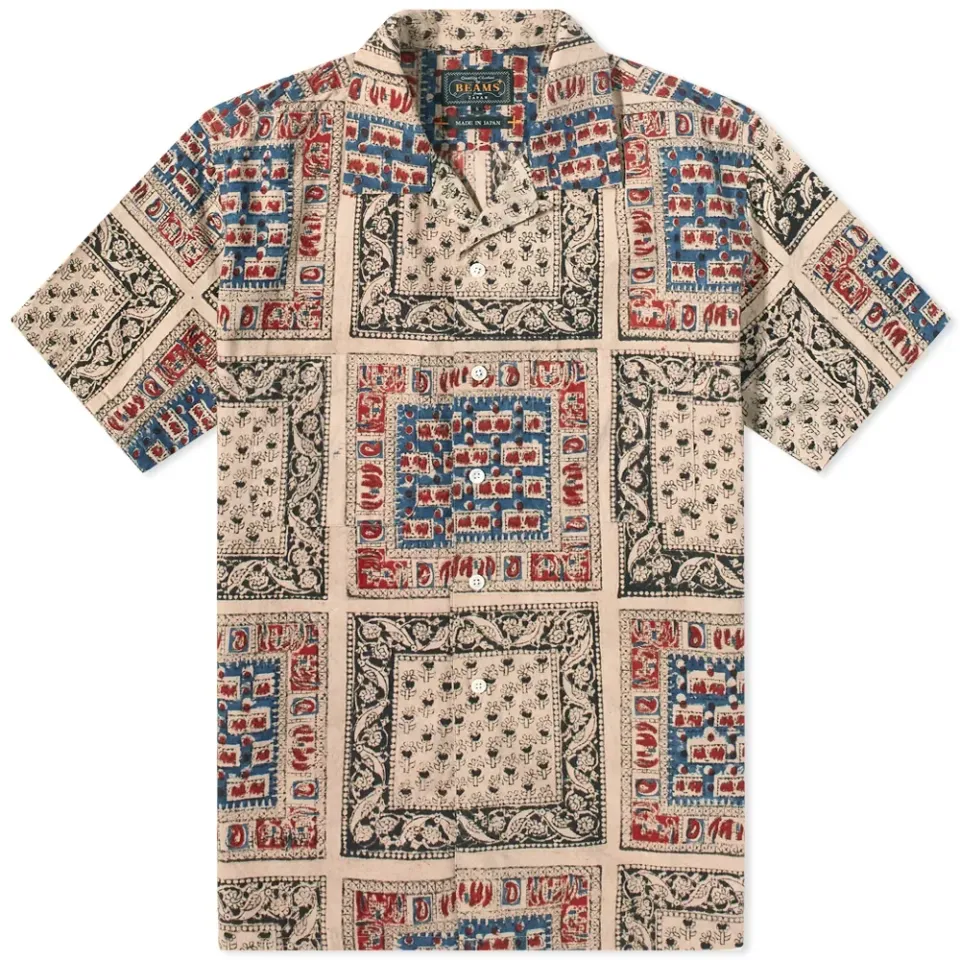 Short Sleeve Open Collar Elephant Block Print Shi