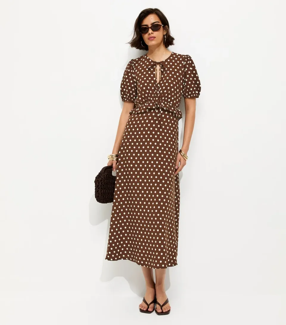 Women's Brown Polka Dot Short Sleeve Keyhole Midi Dress