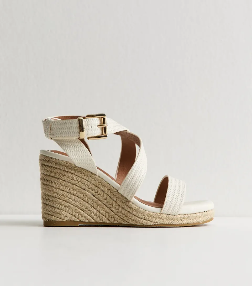 Women's Wide Fit White Textured Faux Leather Wedge Sandals Vegan