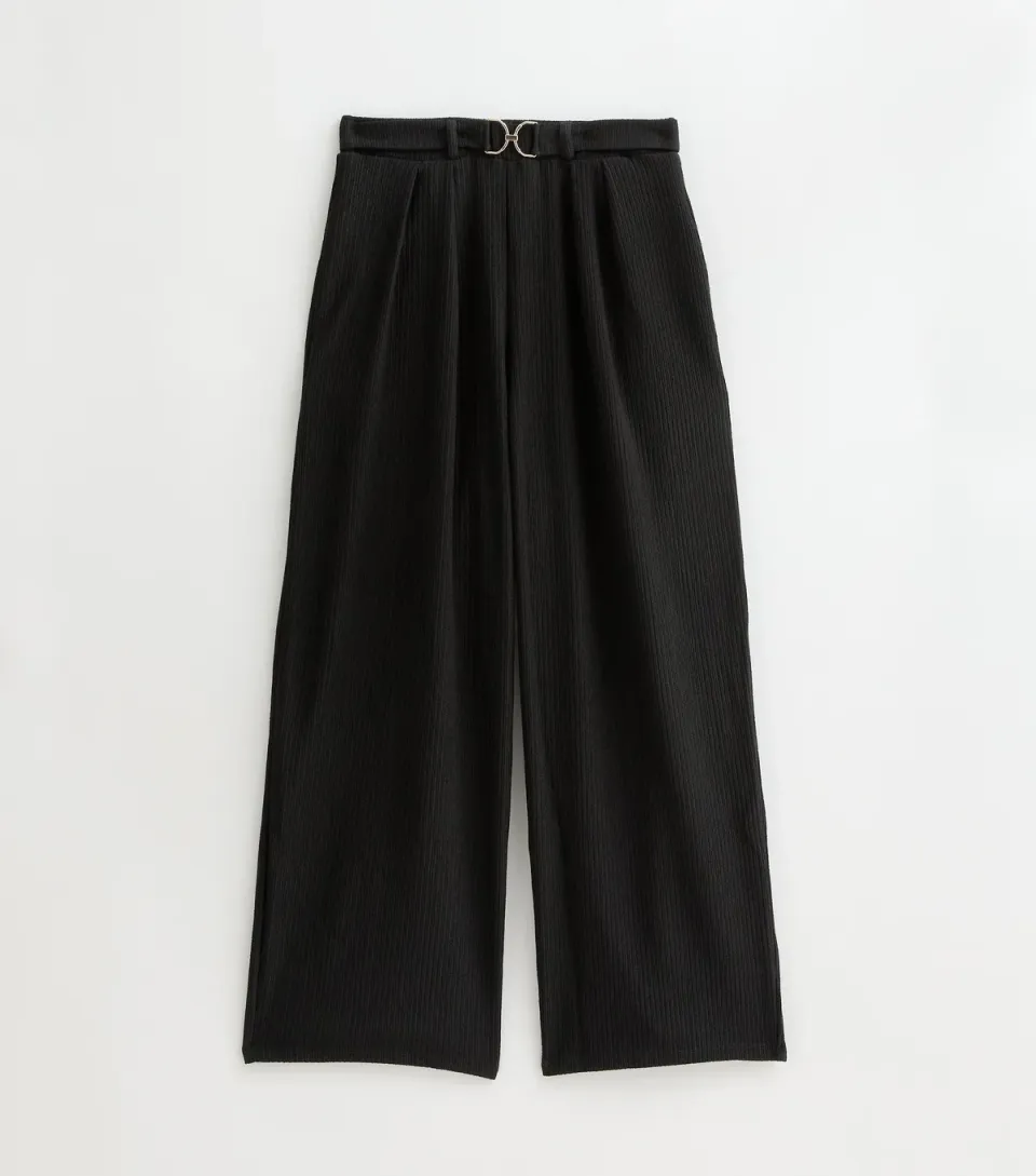Women's Petite Black Belted Crinkle Texture Wide Leg Trousers