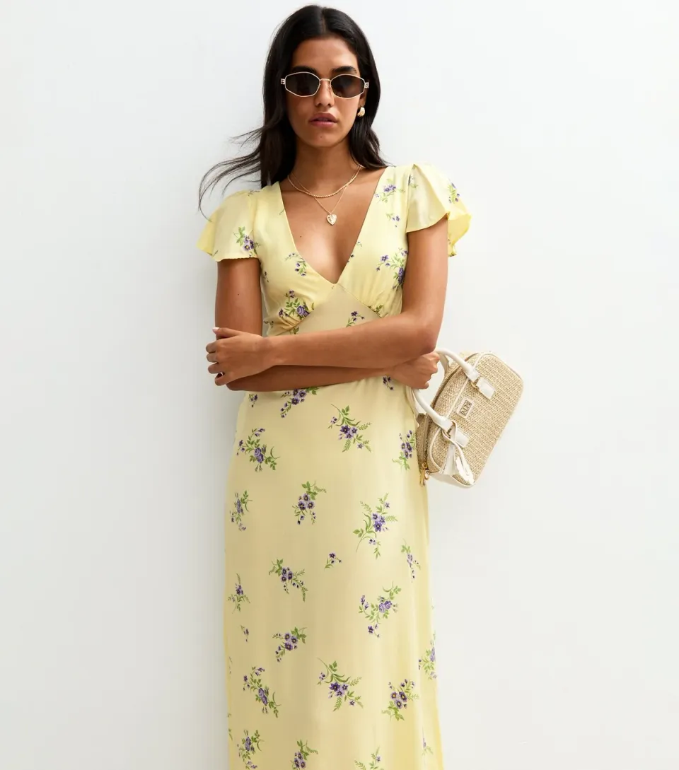 Women's Yellow Floral Print Flutter Sleeve Midi Dress