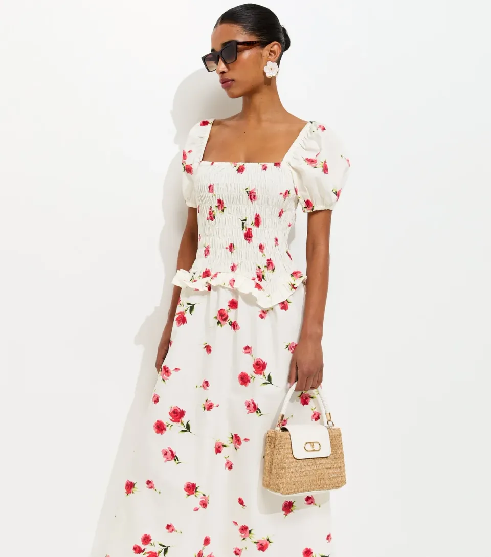 Women's White Floral Print Square Neck Midi Dress
