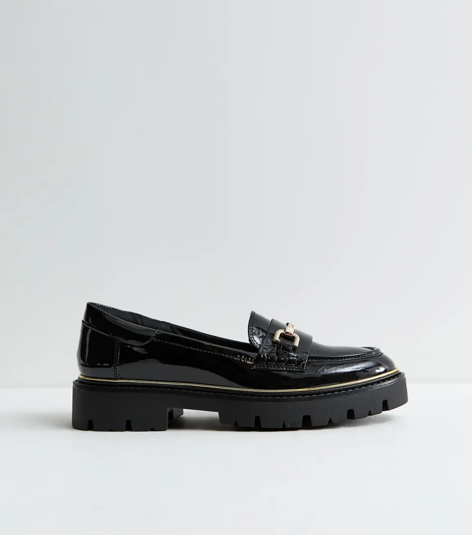 Women's Black Patent Faux Leather Chunky Chain Loafers Vegan