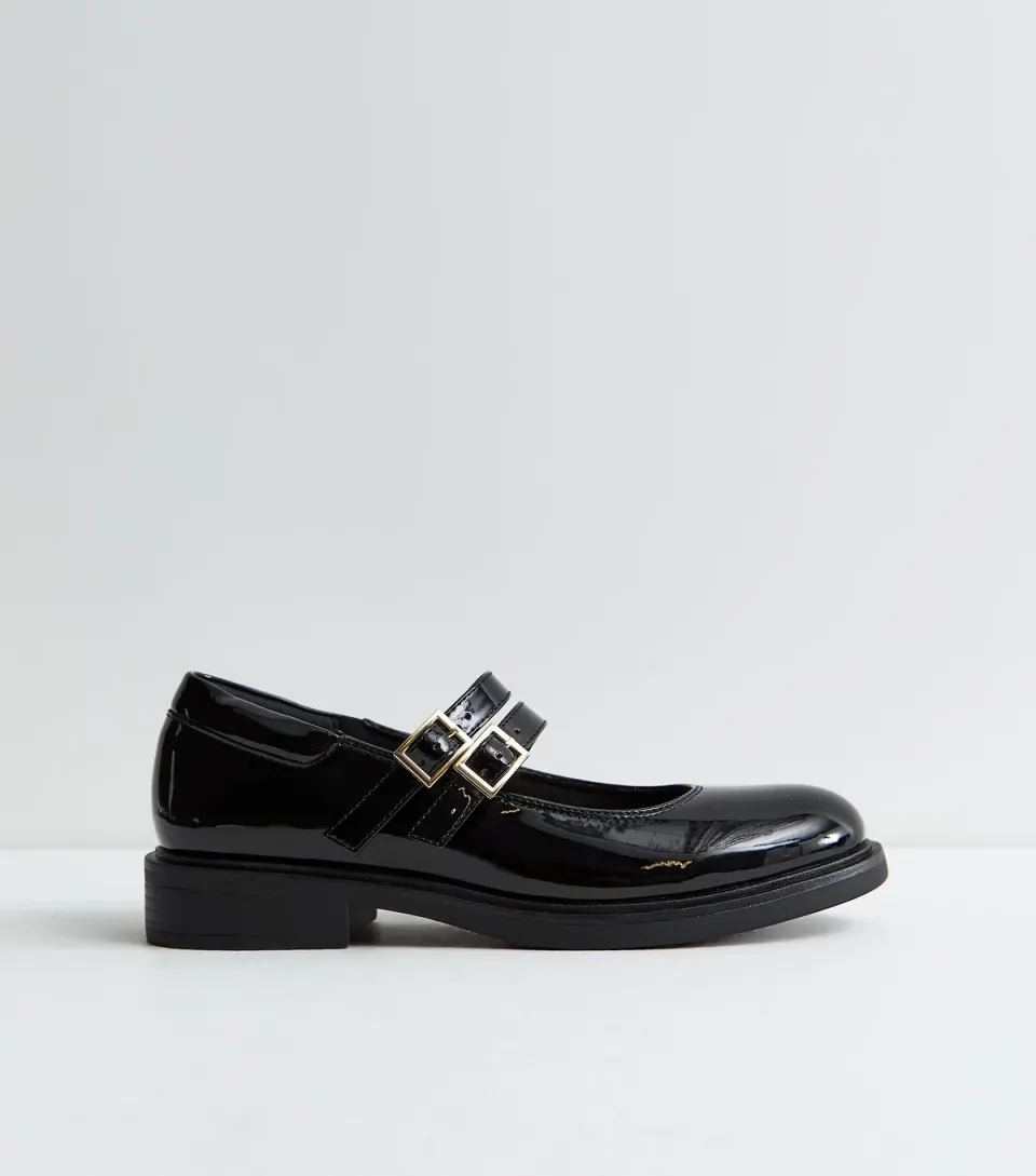 Women's Black Patent Faux Leather Mary Jane Flats Vegan
