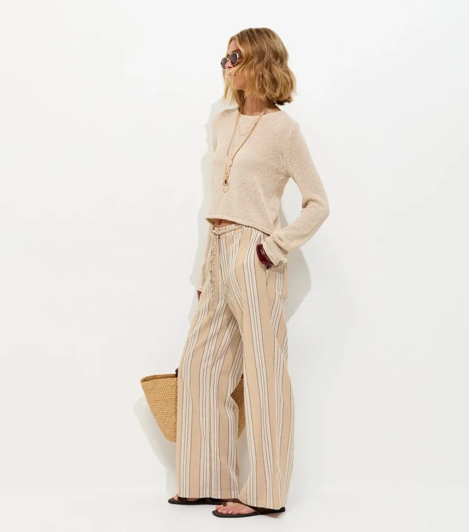 Women's Mink Cotton Rich Striped Wide Leg Trousers
