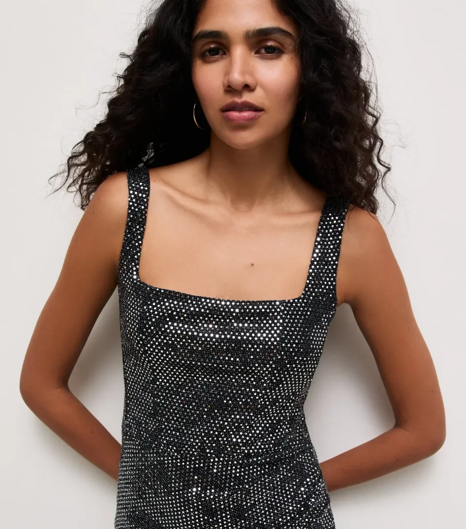 Women's Black Sequin Square Neck Wrap Midi Dress