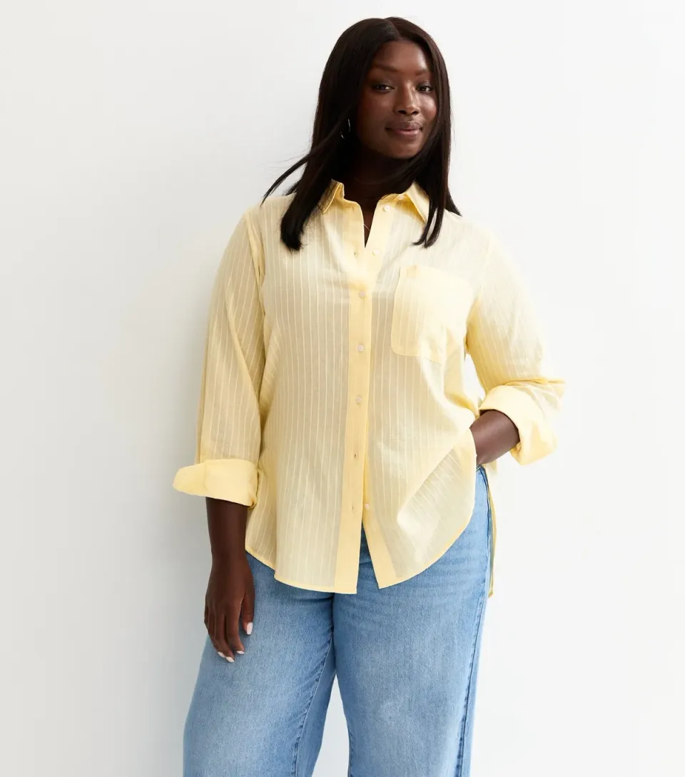 Women's Plus Size Yellow Cotton Striped Shirt Curves