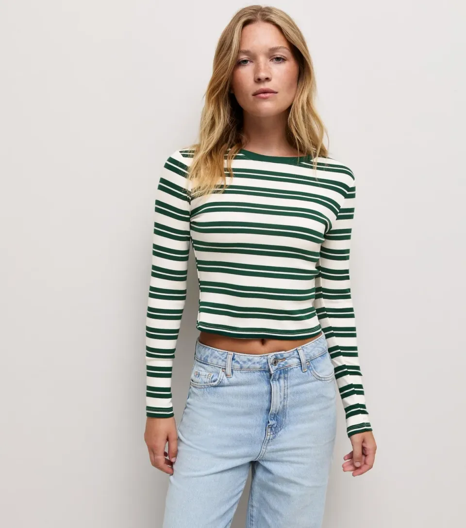 Women's Green Cotton Rich Striped Long Sleeve Baby Tee T-Shirt