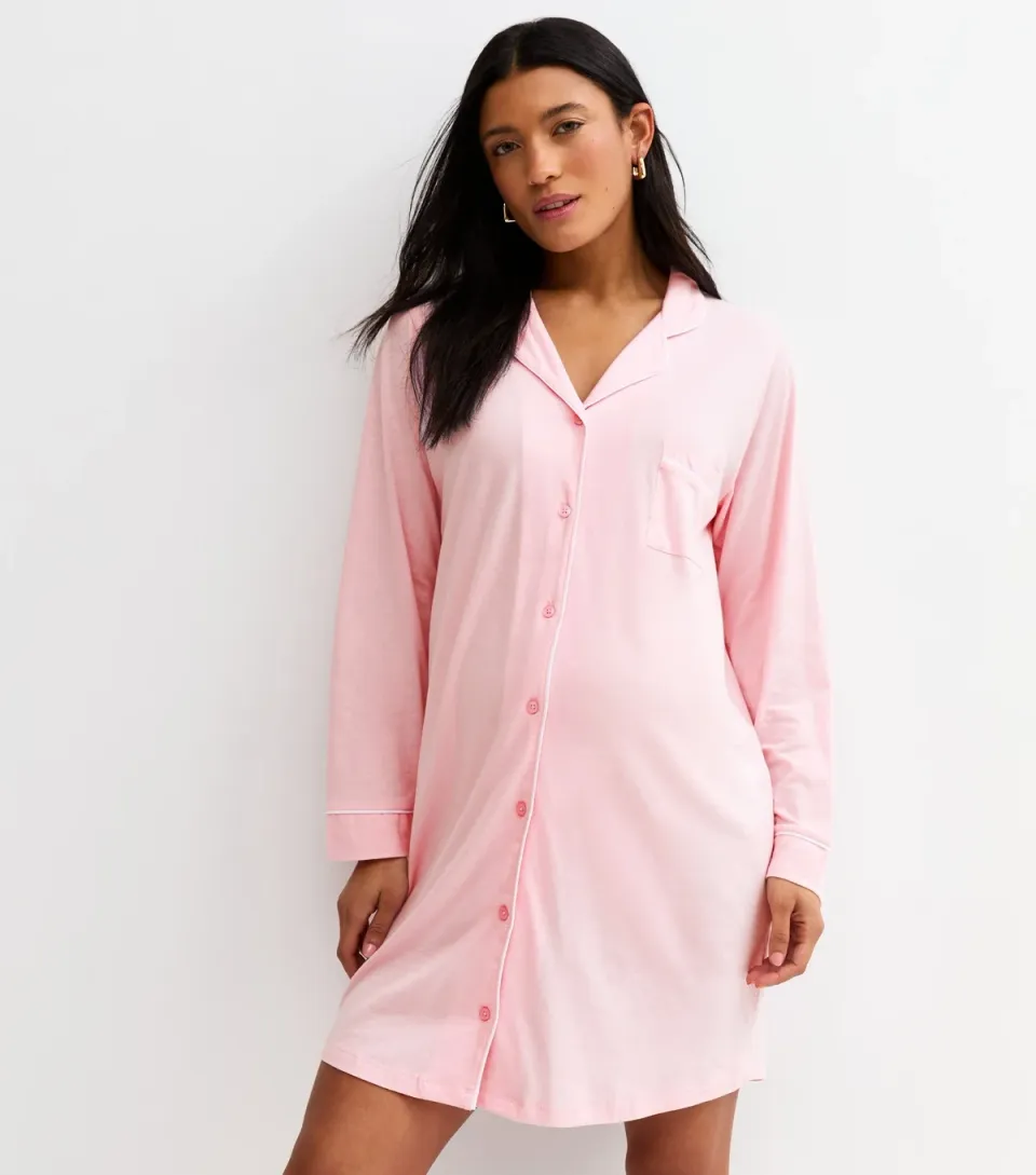 Women's Maternity Light Pink Revere Collar Night Dress