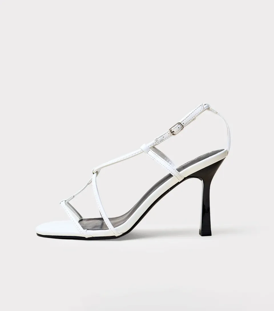 Women's White Marie Faux Leather Strappy Midi Heeled Sandals