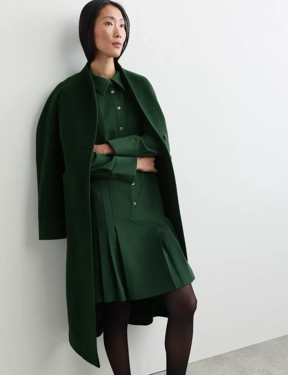 Crepe Pleated Knee Length Shirt Dress