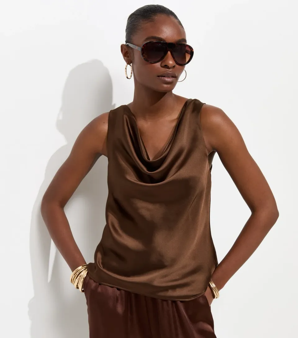 Women's Dark Brown Satin Cowl Neck Sleeveless Top