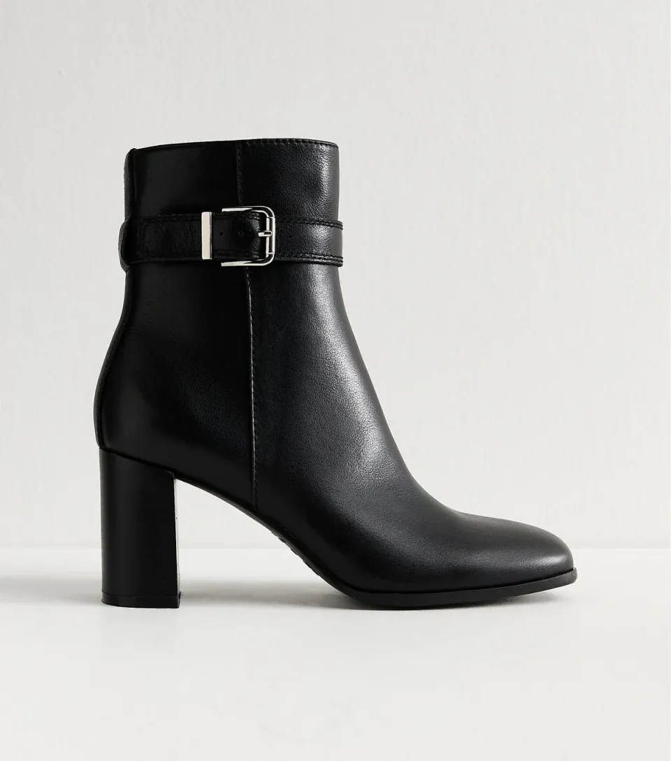 Women's Black Leather Buckled Ankle Boots