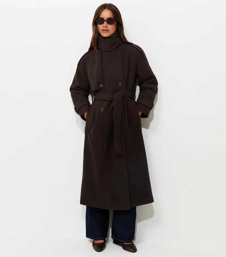 Women's Petite Dark Brown Funnel Neck Long Length Coat