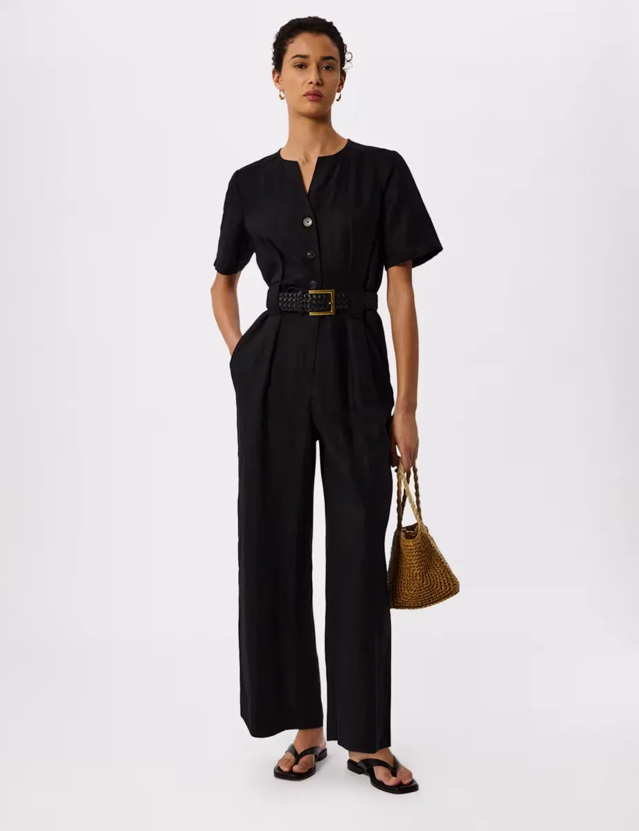 Pure Linen Button Front Jumpsuit Black