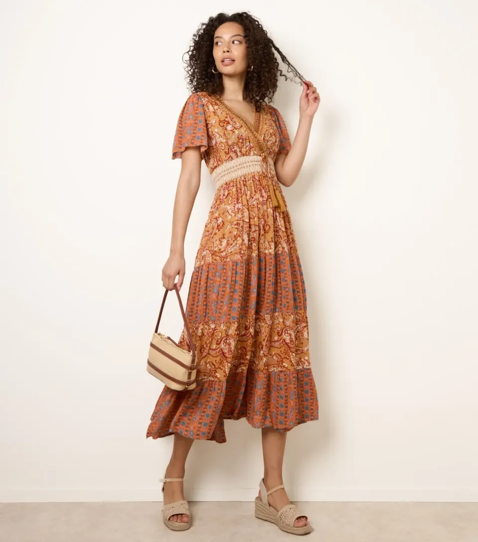 Women's Brown Mixed Print Beaded Wrap Style Midi Dress