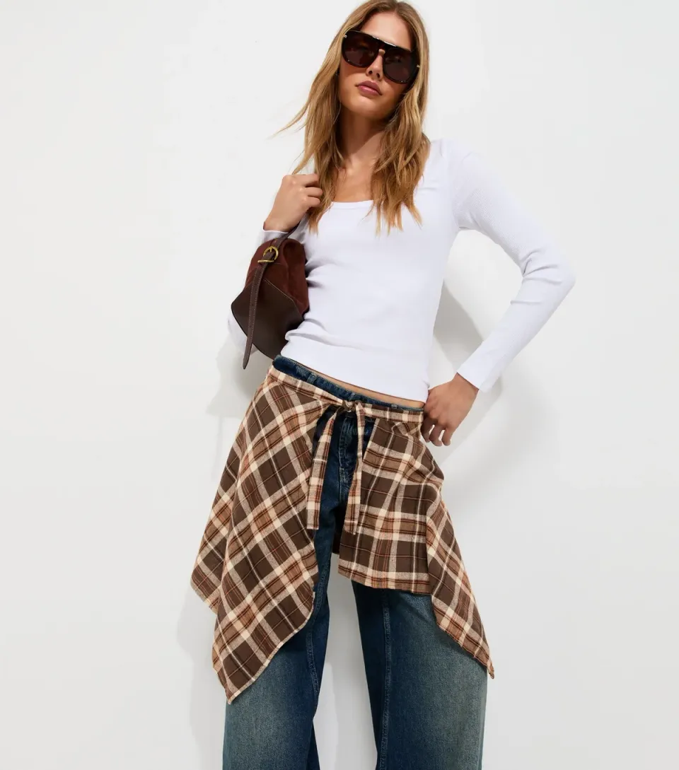 Brown Cotton Check Waist Bandana