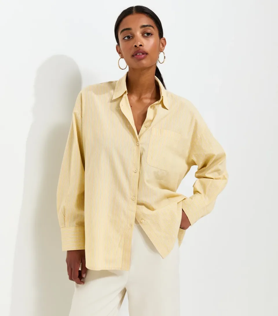 Women's Yellow Cotton Striped Long Sleeve Shirt