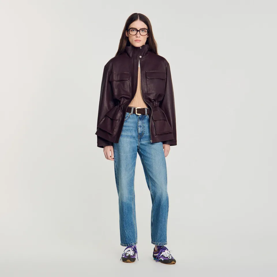 Oversized leather collar jacket